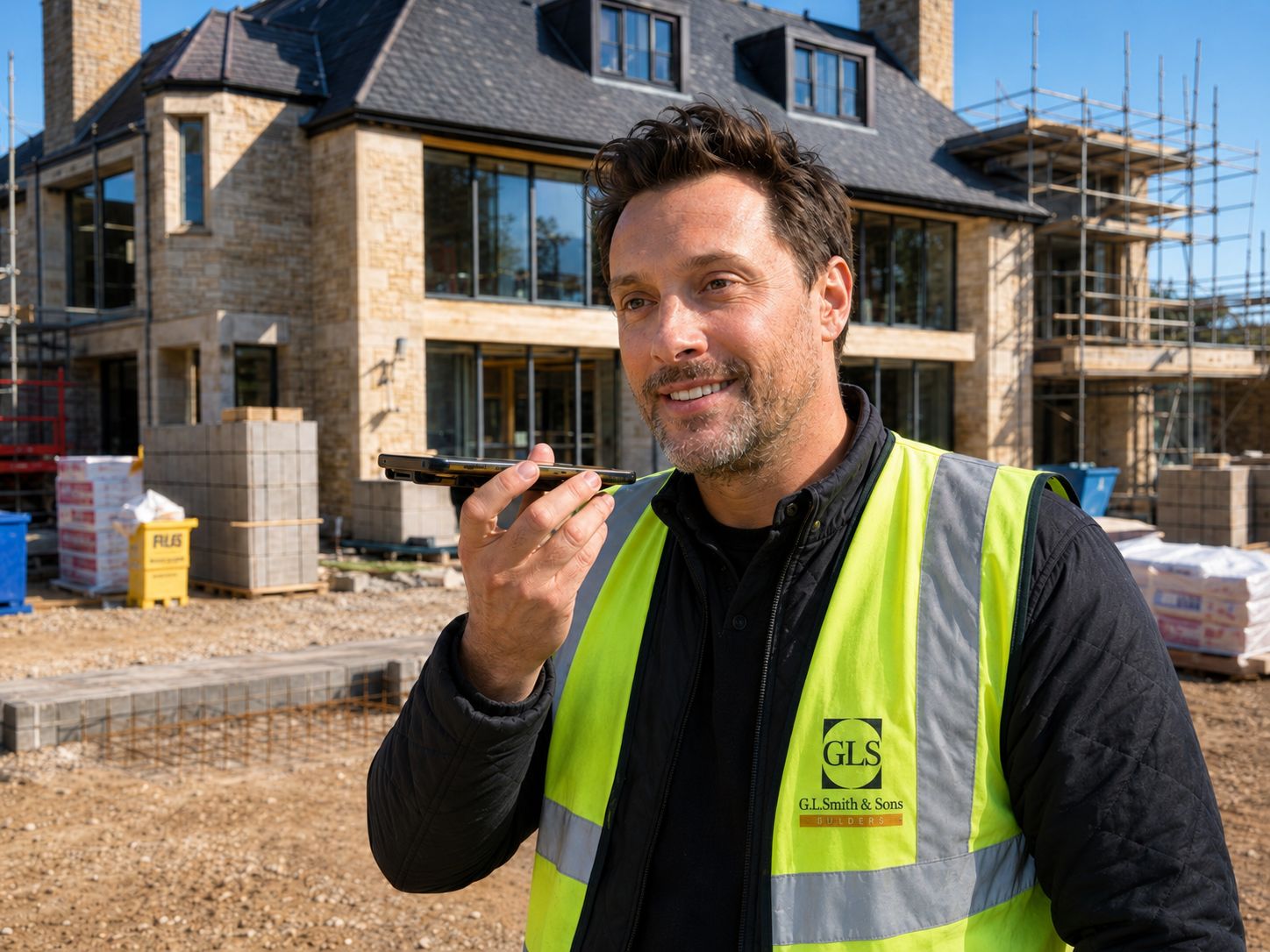 A builder in a hi-vis vest on site, speaking a voice note into his phone held to his mouth