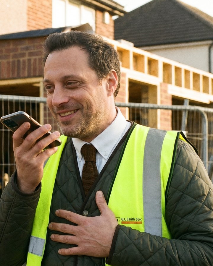 A builder in a hi-vis vest on site, speaking a voice note into his phone held to his mouth